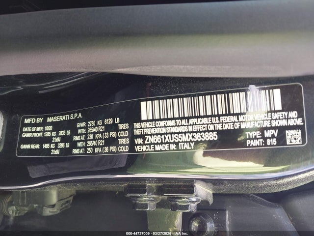 44727009 :رقم المزاد ، ZN661XUS5MX363885 vin ، 2021 Maserati Levante Gransport مزاد بيع