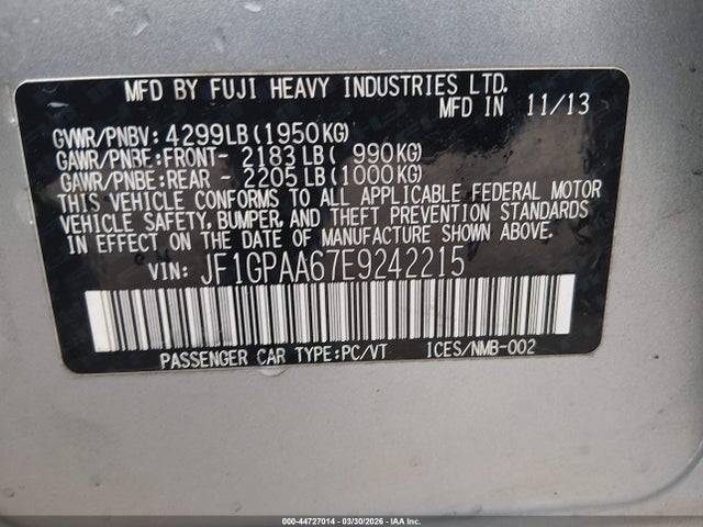 44727014 :رقم المزاد ، JF1GPAA67E9242215 vin ، 2014 Subaru Impreza 2.0i مزاد بيع