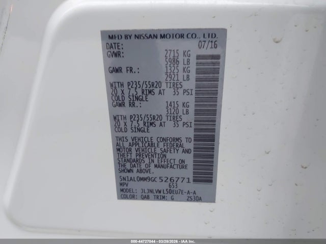 Aukcja sprzedaży 2016 Infiniti Qx60, vin: 5N1AL0MM9GC526771, numer aukcji: 44727044