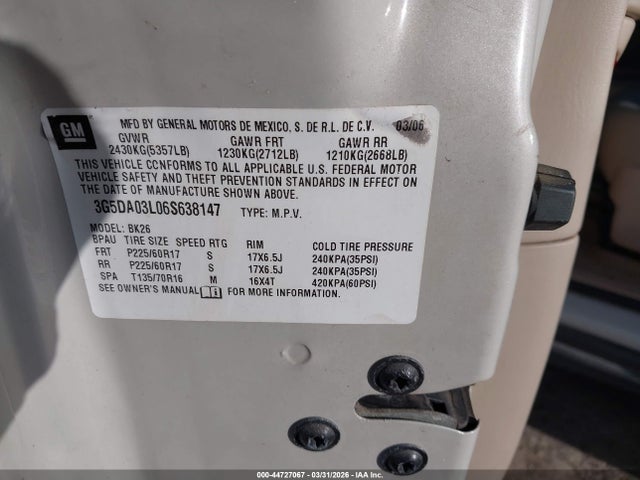 44727067 :رقم المزاد ، 3G5DA03L06S638147 vin ، 2006 Buick Rendezvous Cx مزاد بيع