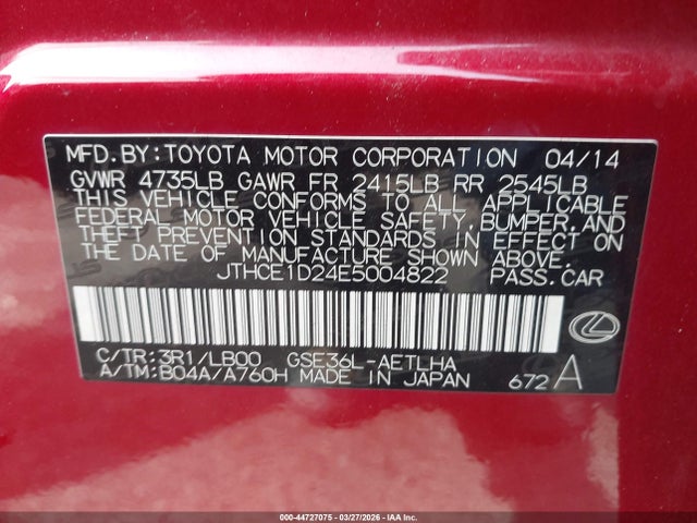 44727075 :رقم المزاد ، JTHCE1D24E5004822 vin ، 2014 Lexus Is 350 مزاد بيع