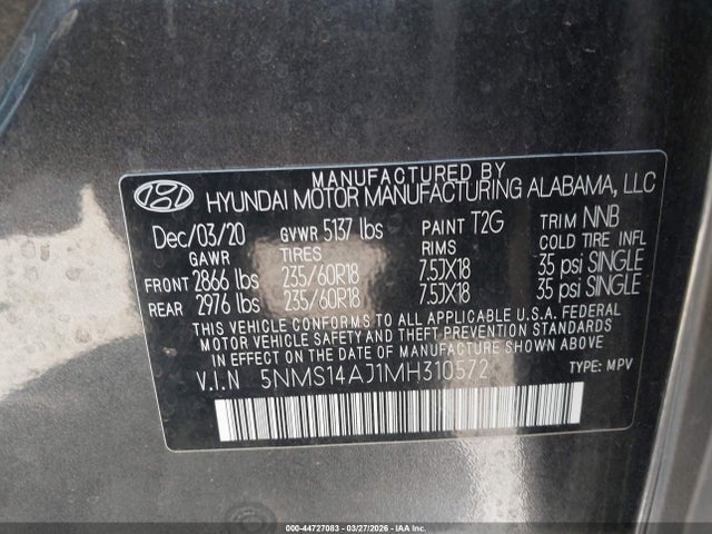 2021 Hyundai Santa Fe Se მანქანა იყიდება აუქციონზე, vin: 5NMS14AJ1MH310572, აუქციონის ნომერი: 44727083