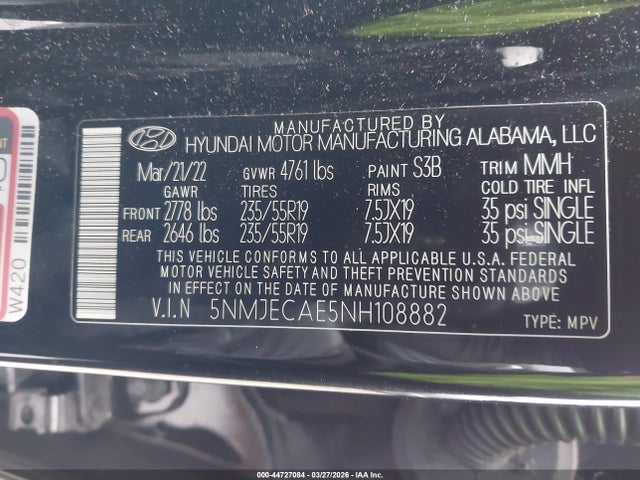 44727084 :رقم المزاد ، 5NMJECAE5NH108882 vin ، 2022 Hyundai Tucson Limited مزاد بيع