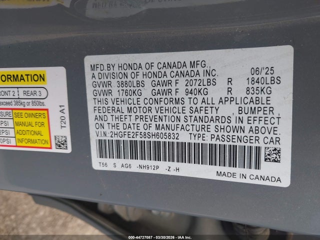 Aukcja sprzedaży 2025 Honda Civic Sport, vin: 2HGFE2F58SH605832, numer aukcji: 44727087