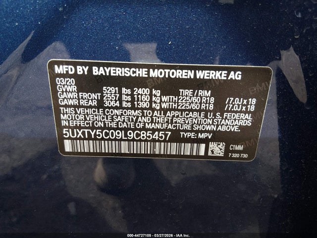 44727105 :رقم المزاد ، 5UXTY5C09L9C85457 vin ، 2020 Bmw X3 Xdrive30i مزاد بيع