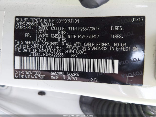 2017 Toyota 4runner Sr5 მანქანა იყიდება აუქციონზე, vin: JTEBU5JR4H5422533, აუქციონის ნომერი: 44727108