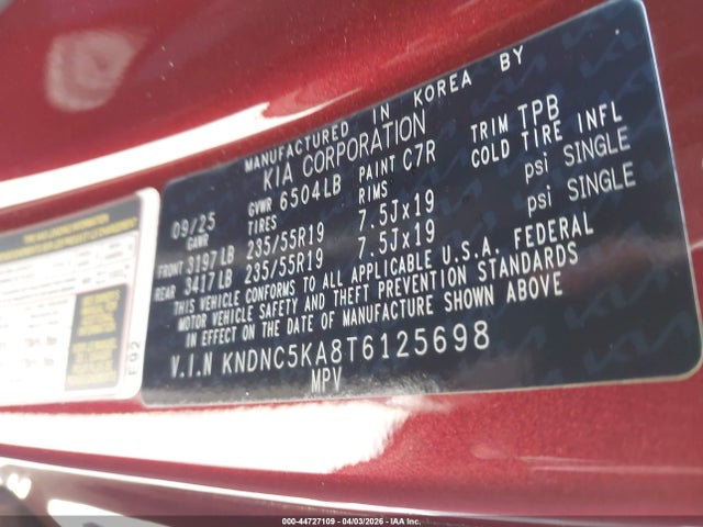 KNDNC5KA8T6125698 KIA Carnival Mpv Hybrid Ex