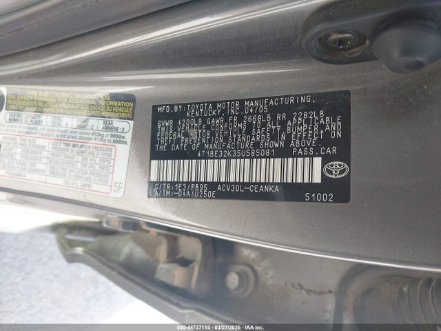 2005 Toyota Camry Le მანქანა იყიდება აუქციონზე, vin: 4T1BE32K35U585081, აუქციონის ნომერი: 44727115