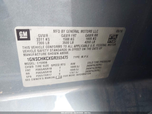 Aukcja sprzedaży 2016 Chevrolet Suburban Lt, vin: 1GNSCHKCXGR393475, numer aukcji: 44727132