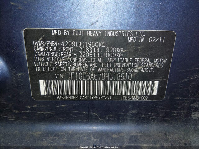 Aukcja sprzedaży 2011 Subaru Impreza 2.5i, vin: JF1GE6A67BH518610, numer aukcji: 44727139