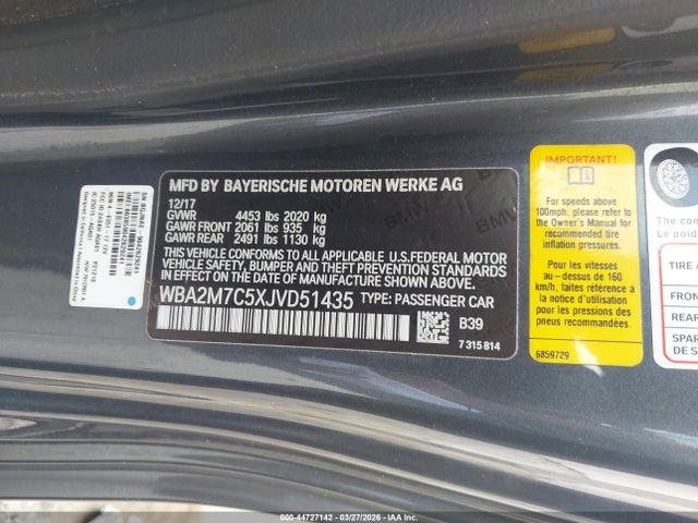 44727142 :رقم المزاد ، WBA2M7C5XJVD51435 vin ، 2018 Bmw 230i مزاد بيع