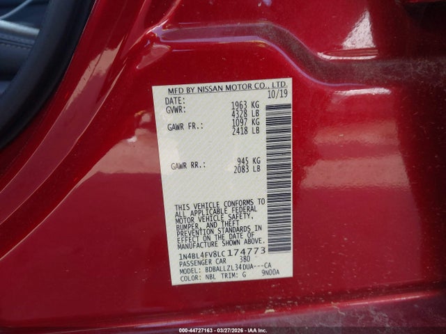 44727163 :رقم المزاد ، 1N4BL4FV8LC174773 vin ، 2020 Nissan Altima Platinum Fwd مزاد بيع