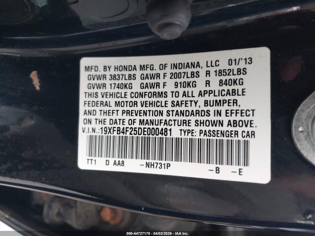 Продажа на аукционе авто 2013 Honda Civic Hybrid, vin: 19XFB4F25DE000481, номер лота: 44727170