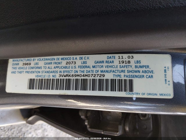 Продажа на аукционе авто 2004 Volkswagen Jetta Gl, vin: 3VWRK69M04M072729, номер лота: 44727173