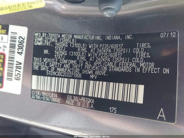 Aukcja sprzedaży 2012 Toyota Sienna Xle V6 8 Passenger, vin: 5TDYK3DC2CS271906, numer aukcji: 44727206
