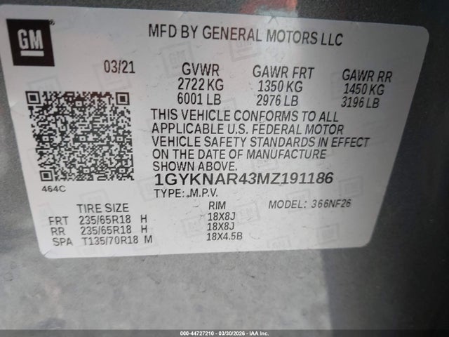 Продажа на аукционе авто 2021 Cadillac Xt5 Fwd Luxury, vin: 1GYKNAR43MZ191186, номер лота: 44727210