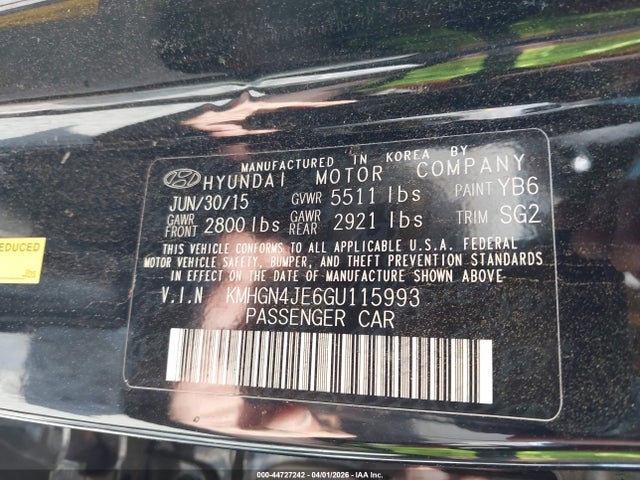 2016 Hyundai Genesis 3.8 მანქანა იყიდება აუქციონზე, vin: KMHGN4JE6GU115993, აუქციონის ნომერი: 44727242