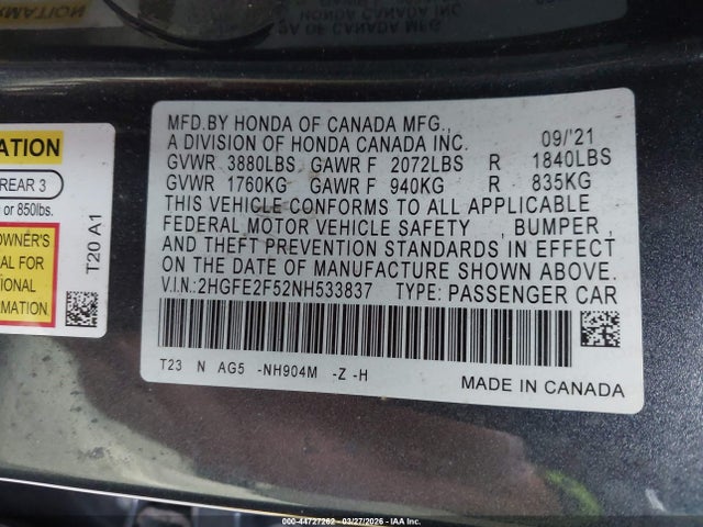 44727262 :رقم المزاد ، 2HGFE2F52NH533837 vin ، 2022 Honda Civic Sport مزاد بيع