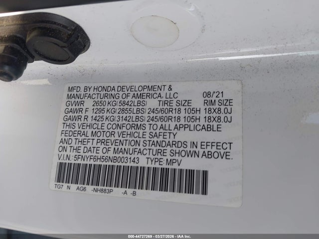 Aukcja sprzedaży 2022 Honda Pilot Awd Ex-l, vin: 5FNYF6H56NB003143, numer aukcji: 44727269