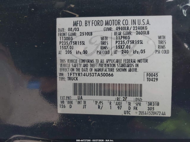 Продажа на аукционе авто 2003 Ford Ranger Edge/tremor/xl/xlt, vin: 1FTYR14U53TA50066, номер лота: 44727280
