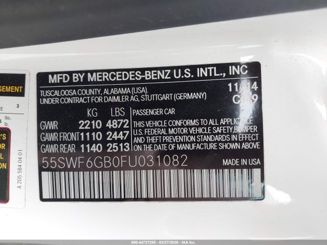 Aukcja sprzedaży 2015 Mercedes-benz C 400 4matic, vin: 55SWF6GB0FU031082, numer aukcji: 44727285