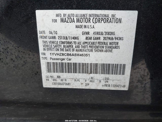 Aukcja sprzedaży 2010 Mazda Mazda6 S Grand Touring, vin: 1YVHZ8CB6A5M46351, numer aukcji: 44727286