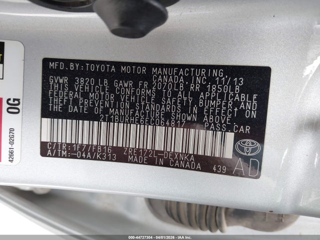 2014 Toyota Corolla Le მანქანა იყიდება აუქციონზე, vin: 2T1BURHE6EC064817, აუქციონის ნომერი: 44727304