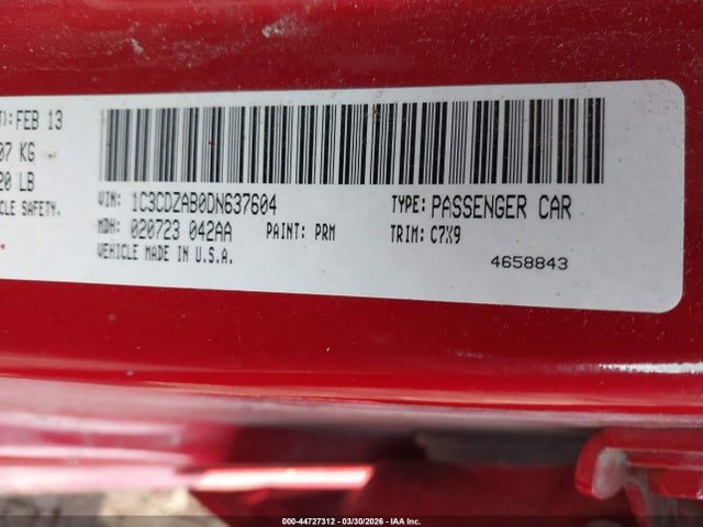 44727312 :رقم المزاد ، 1C3CDZAB0DN637604 vin ، 2013 Dodge Avenger Se مزاد بيع