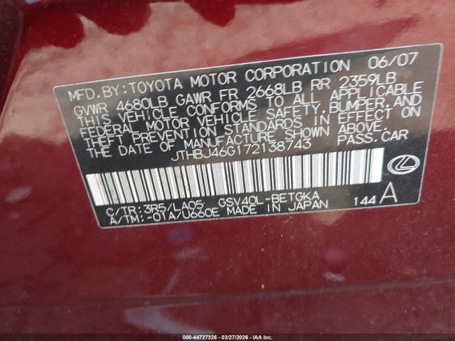 Aukcja sprzedaży 2007 Lexus Es 350, vin: JTHBJ46G172138743, numer aukcji: 44727326