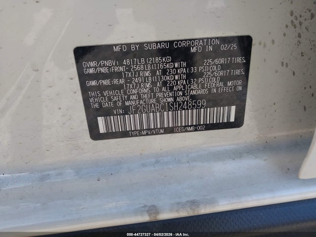 Aukcja sprzedaży 2025 Subaru Crosstrek, vin: JF2GUABC1SH248599, numer aukcji: 44727327