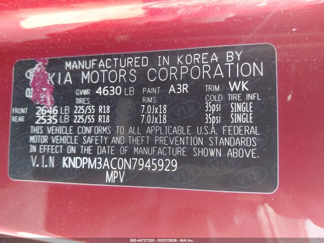 Продаж на аукціоні авто 2022 Kia Sportage Lx, vin: KNDPM3AC0N7945929, номер лоту: 44727330