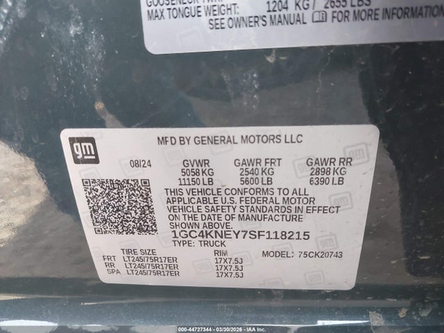 44727344 :رقم المزاد ، 1GC4KNEY7SF118215 vin ، 2025 Chevrolet Silverado 2500hd 4wd  Standard Bed Lt مزاد بيع