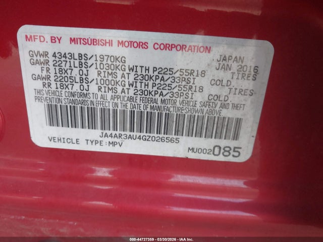 Продаж на аукціоні авто 2016 Mitsubishi Outlander Sport 2.0 Es, vin: JA4AR3AU4GZ026565, номер лоту: 44727359