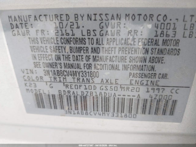 Продажа на аукционе авто 2021 Nissan Sentra Sv Xtronic Cvt, vin: 3N1AB8CV4MY331800, номер лота: 44727367