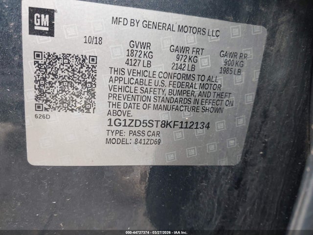 Aukcja sprzedaży 2019 Chevrolet Malibu Lt, vin: 1G1ZD5ST8KF112134, numer aukcji: 44727374