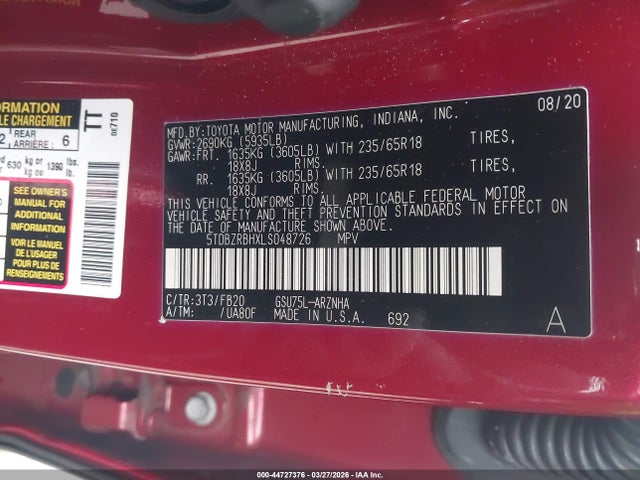 Продаж на аукціоні авто 2020 Toyota Highlander Le, vin: 5TDBZRBHXLS048726, номер лоту: 44727376
