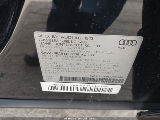 44727378 :رقم المزاد ، WA1LFAFP9EA068184 vin ، 2014 Audi Q5 2.0t Premium مزاد بيع