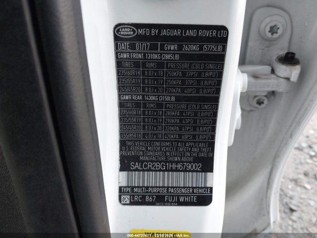 Auction sale of the 2017 Land Rover Discovery Sport Hse, vin: SALCR2BG1HH679002, lot number: 44727411
