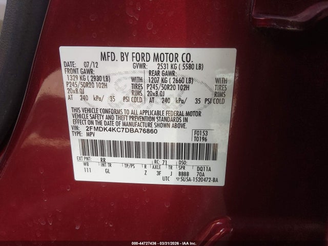 Продаж на аукціоні авто 2013 Ford Edge Limited, vin: 2FMDK4KC7DBA76860, номер лоту: 44727436