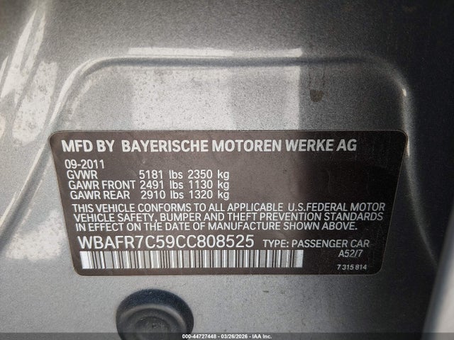 2012 Bmw 535i მანქანა იყიდება აუქციონზე, vin: WBAFR7C59CC808525, აუქციონის ნომერი: 44727448