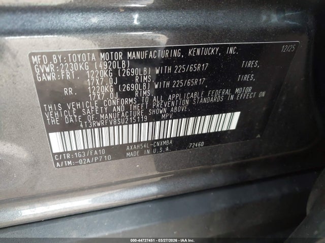 44727451 :رقم المزاد ، 4T3RWRFV8SU215119 vin ، 2025 Toyota Rav4 Hybrid Xle مزاد بيع