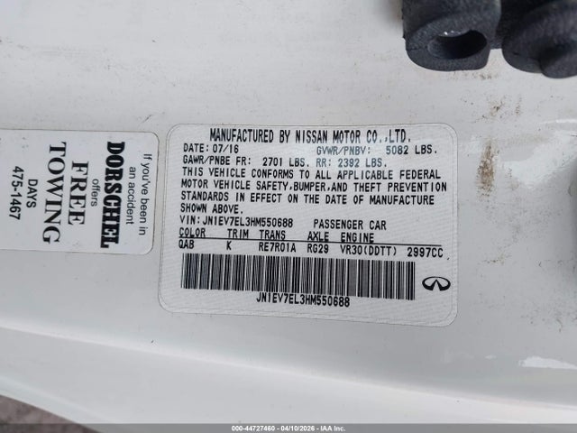 44727460 :رقم المزاد ، JN1EV7EL3HM550688 vin ، 2017 Infiniti Q60 3.0t Premium مزاد بيع