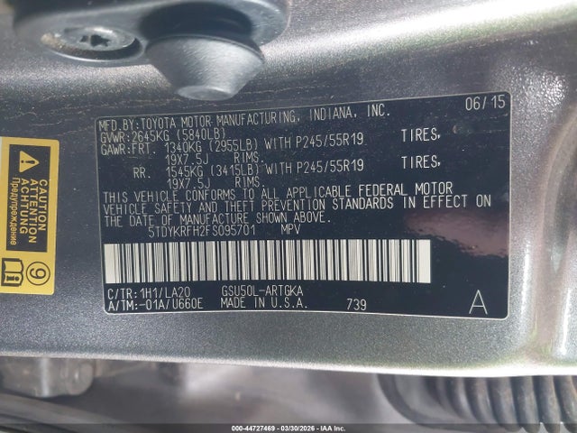 Toyota Highlander Limited V6 2015 5TDYKRFH2FS095701 Image 9