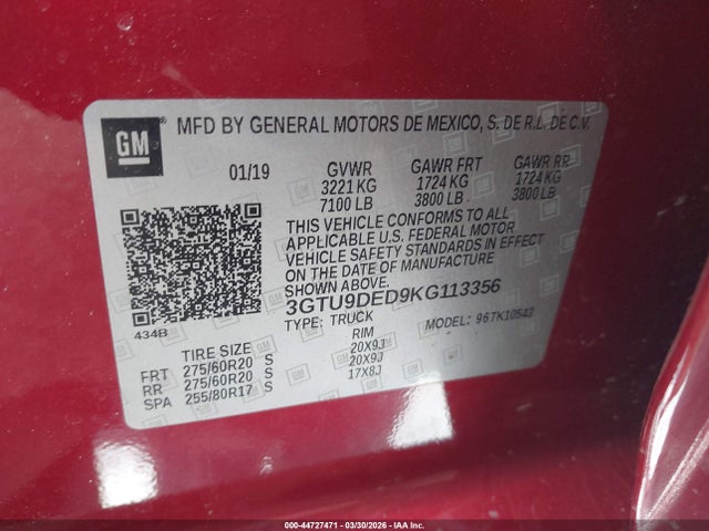 2019 Gmc Sierra 1500 Slt მანქანა იყიდება აუქციონზე, vin: 3GTU9DED9KG113356, აუქციონის ნომერი: 44727471