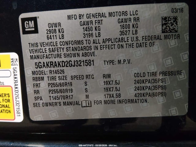 44727472 :رقم المزاد ، 5GAKRAKD2GJ321581 vin ، 2016 Buick Enclave Convenience مزاد بيع