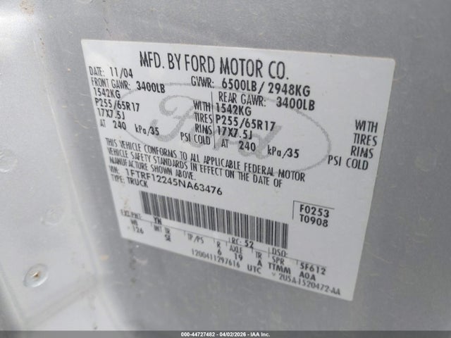 Aukcja sprzedaży 2005 Ford F-150 Stx/xl/xlt, vin: 1FTRF12245NA63476, numer aukcji: 44727482