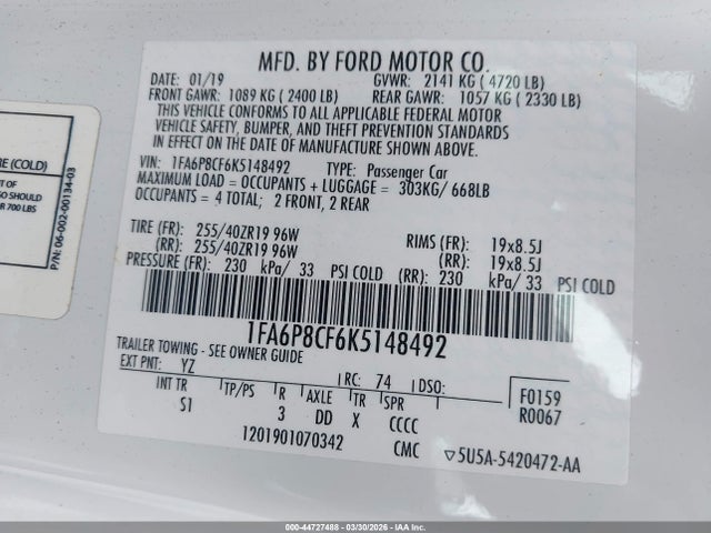 Продажа на аукционе авто 2019 Ford Mustang Gt Premium, vin: 1FA6P8CF6K5148492, номер лота: 44727488