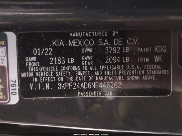 Aukcja sprzedaży 2022 Kia Forte Lxs, vin: 3KPF24AD6NE446262, numer aukcji: 44727492