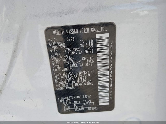 44727493 :رقم المزاد ، JN8AY2AC4N9162352 vin ، 2022 Nissan Armada Sv 2wd مزاد بيع