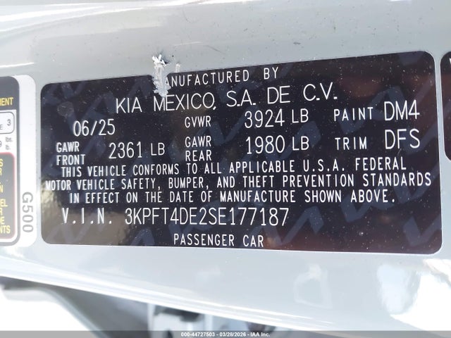 2025 Kia K4 Lxs მანქანა იყიდება აუქციონზე, vin: 3KPFT4DE2SE177187, აუქციონის ნომერი: 44727503
